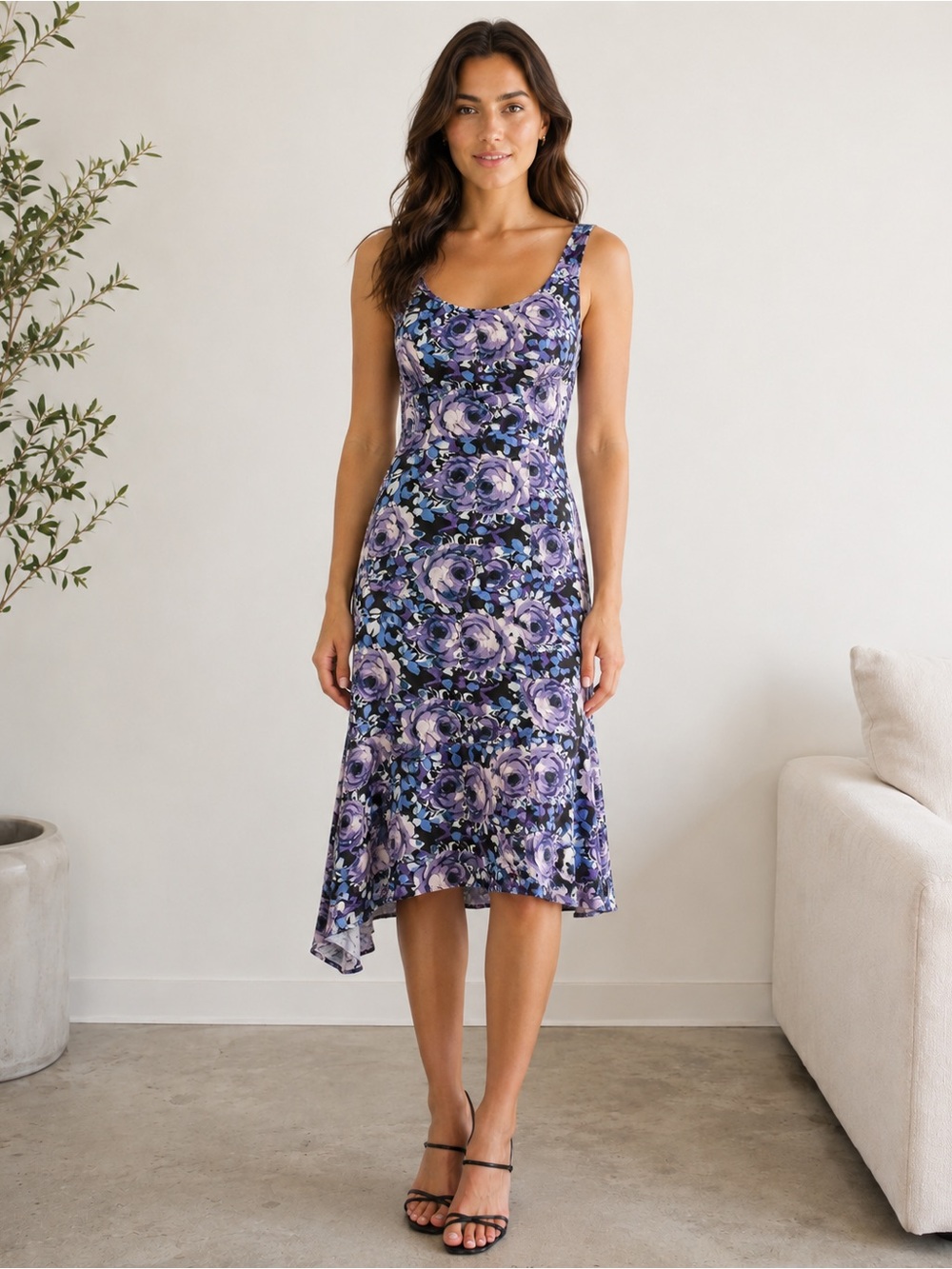 🌸 Nanette Lepore Purple Floral Handkerchief-Hem Midi Dress – Size 8